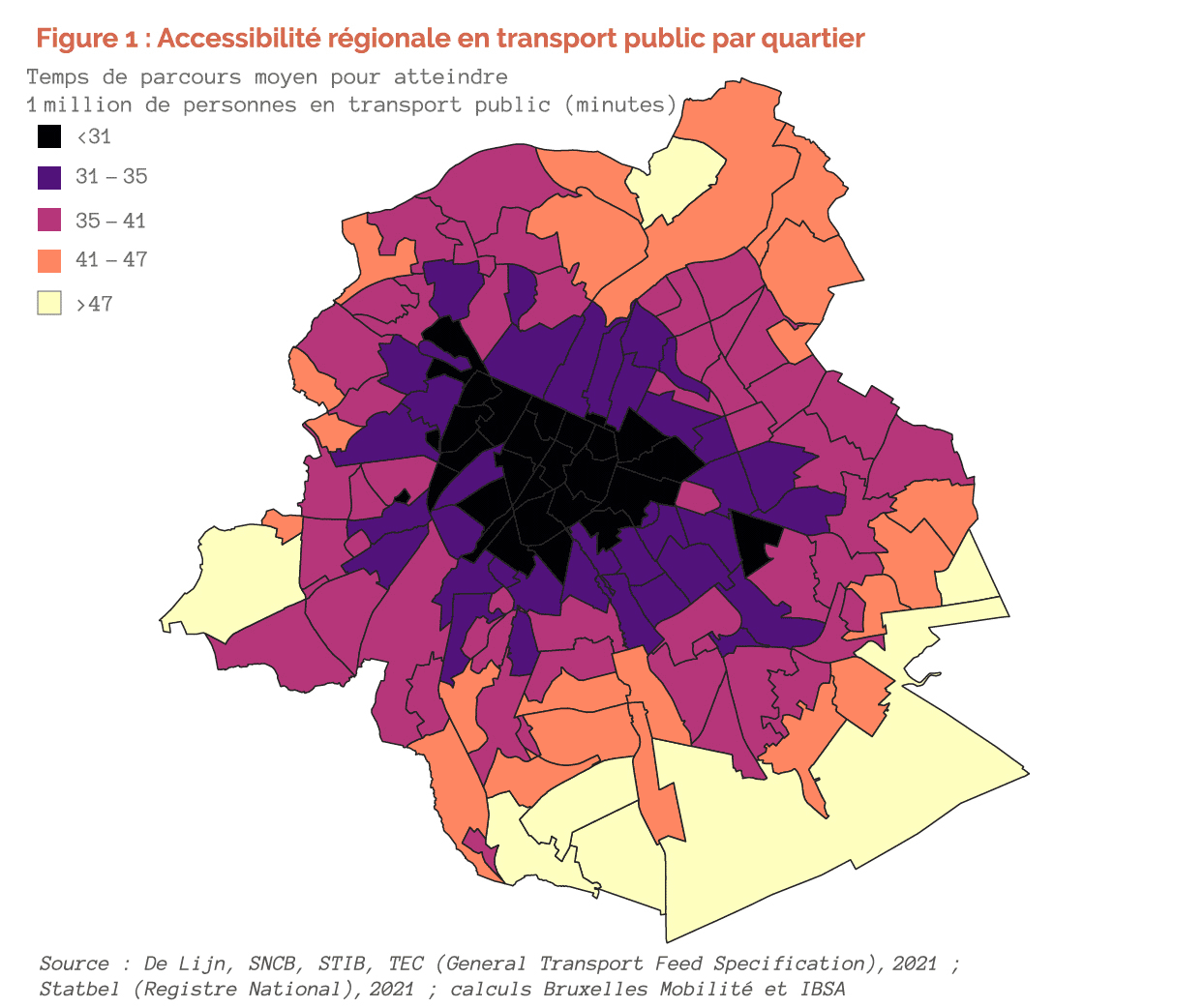 Carte : accessibilité régionale en transport public par quartier