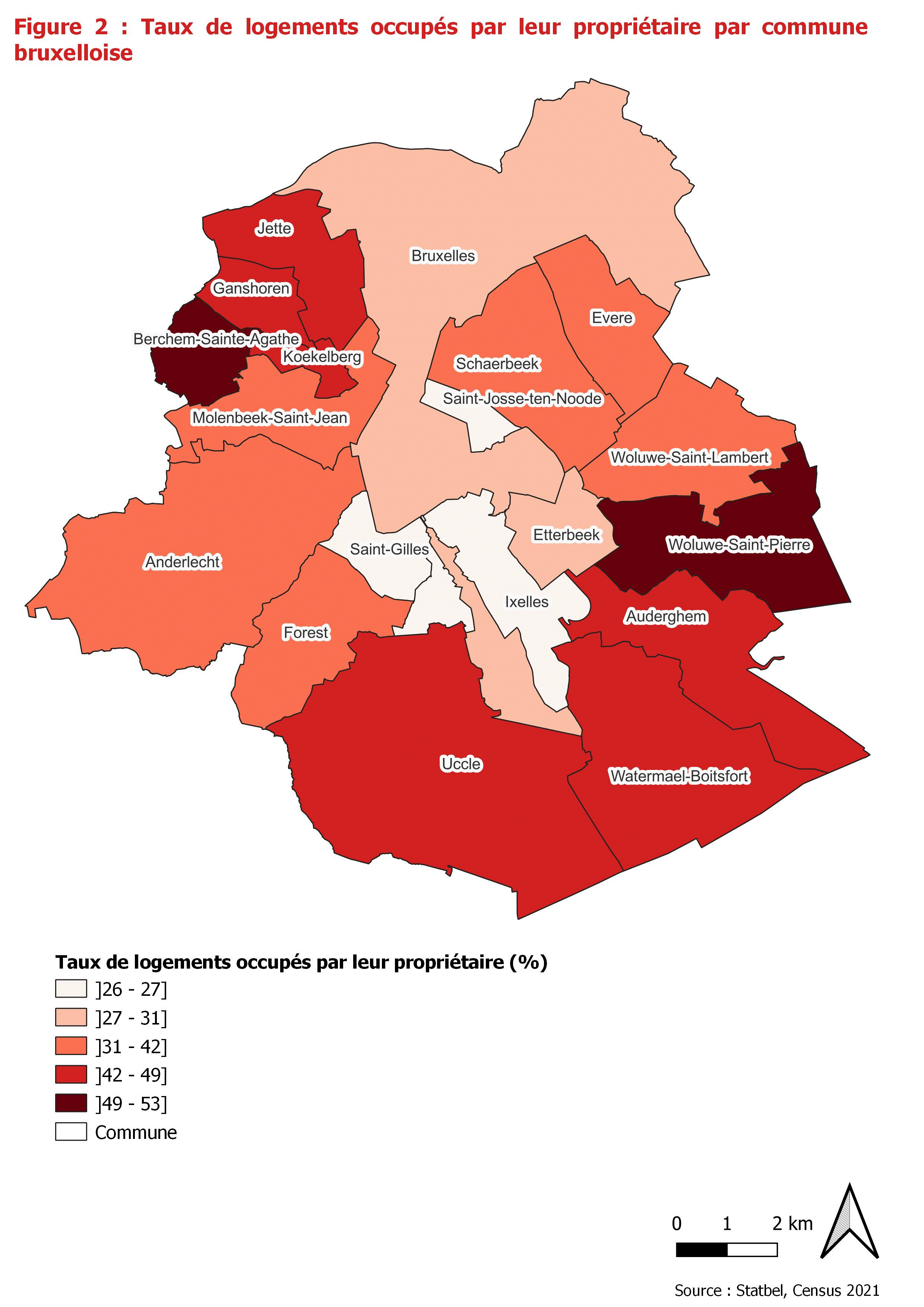 Carte : Taux de logements occupés par leur propriétaire par commune bruxelloise