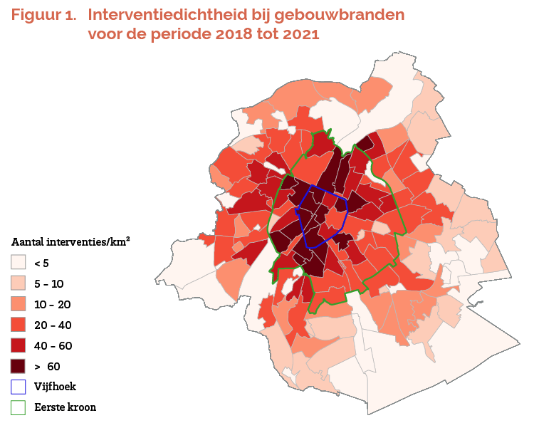 Figuur 1. Interventiedichtheid bij gebouwbranden voor de periode 2018 tot 2021
